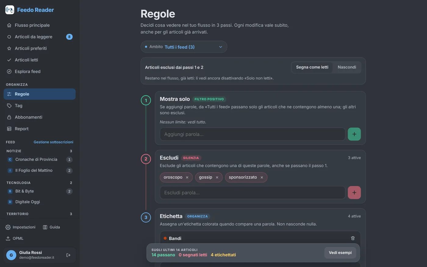 La pagina Regole: i passi Mostra solo, Escludi ed Etichetta con le parole impostate.