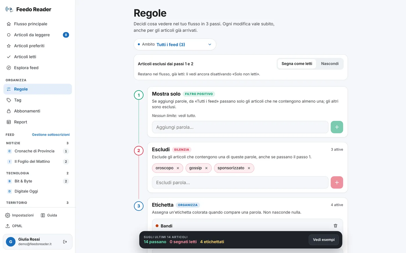 La pagina Regole: i passi Mostra solo, Escludi ed Etichetta con le parole impostate.