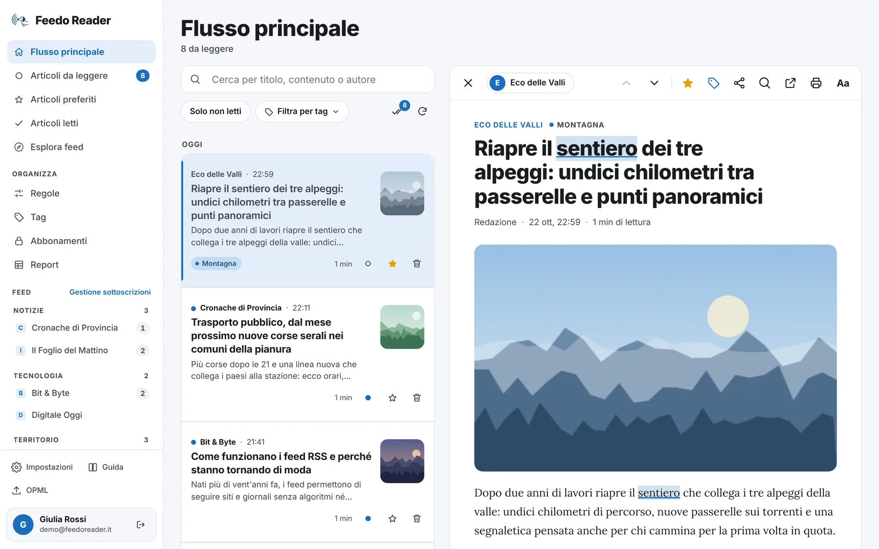 Feedo Reader su computer: a sinistra le fonti divise in cartelle, al centro la lista degli articoli, a destra l'articolo aperto nel lettore.