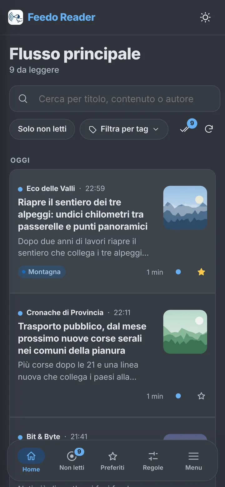 Feedo Reader su telefono: il flusso degli articoli con la barra di navigazione in basso.