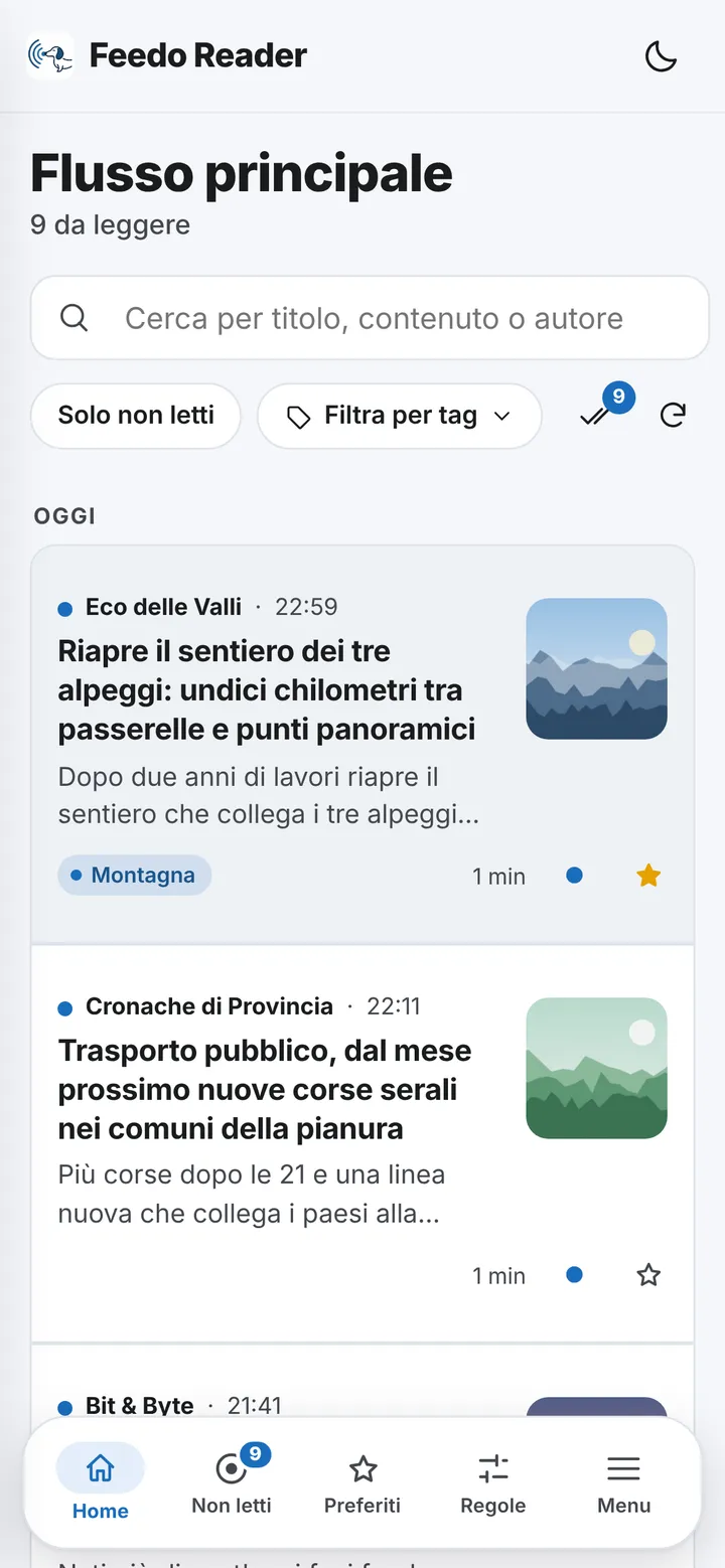 Feedo Reader su telefono: il flusso degli articoli con la barra di navigazione in basso.