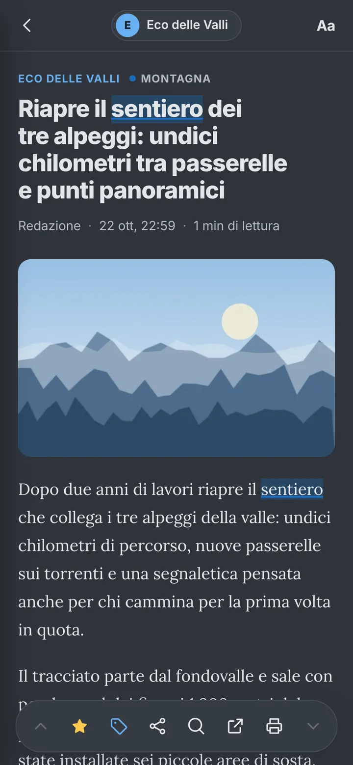 Un articolo aperto nel lettore su telefono, con i comandi in basso.