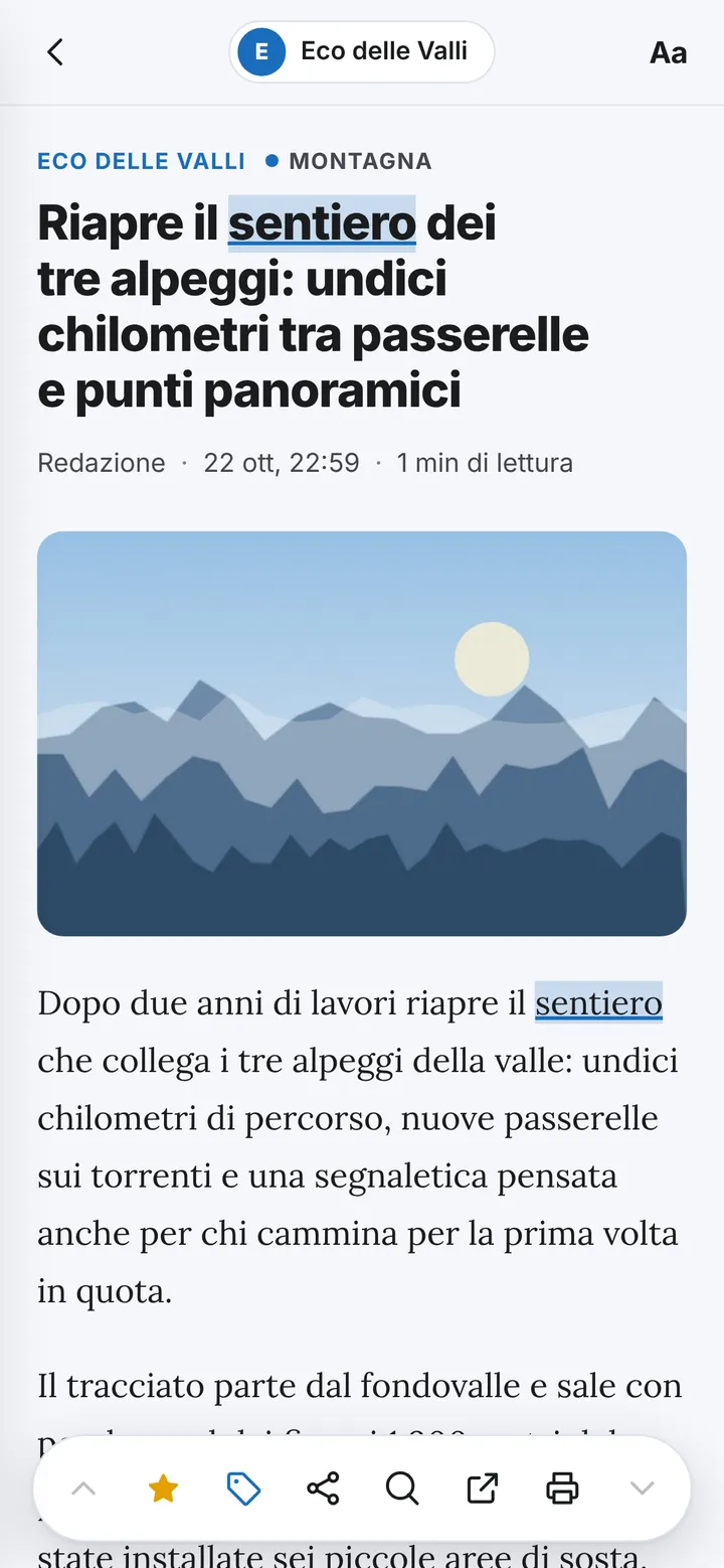 Un articolo aperto nel lettore su telefono, con i comandi in basso.